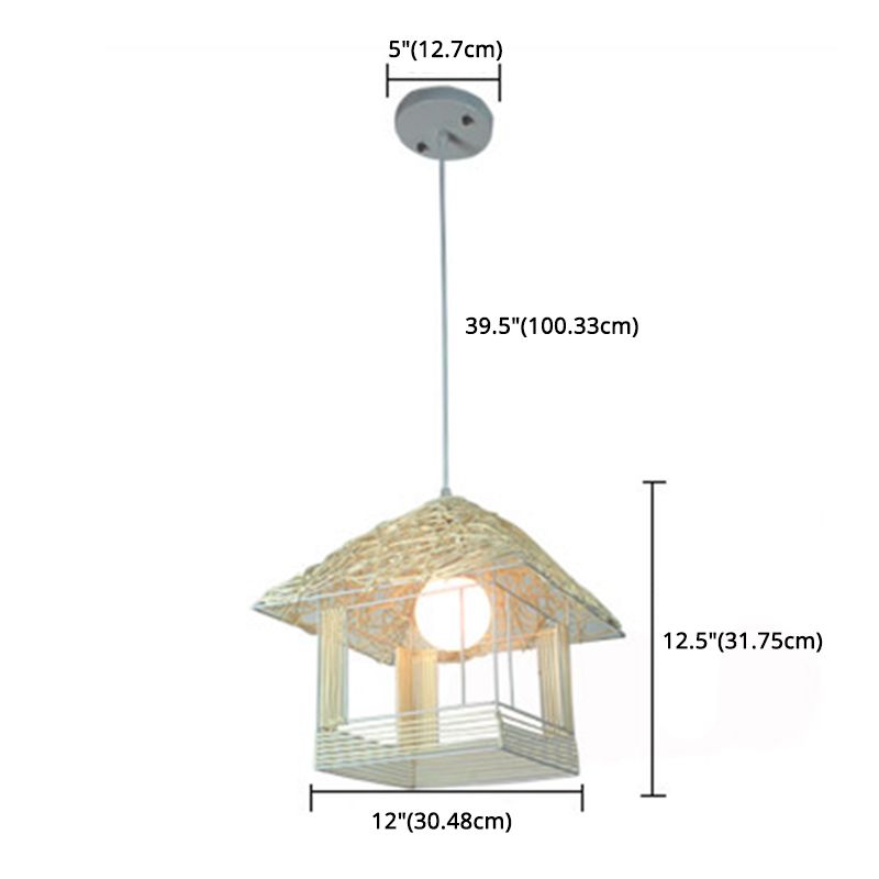 Luce a sospensione a forma di casa in tessitura rattan camera da letto a forma di luce singola camera da letto appesa a un cavo regolabile da 39 "