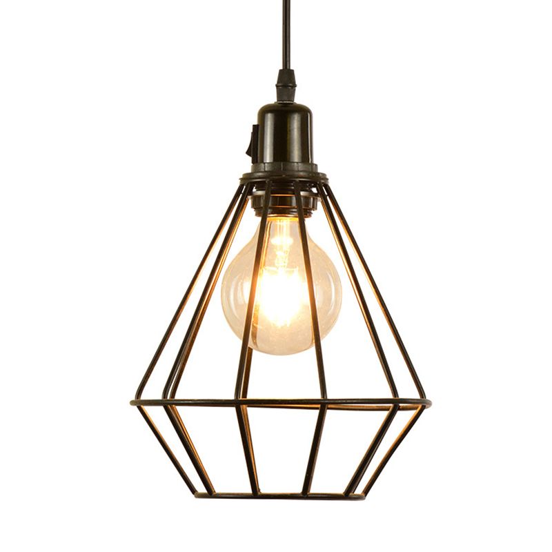 Diamond Cage Dining Room Pendant Lighting Warehouse Metal 1 Light Black Pendulum Light