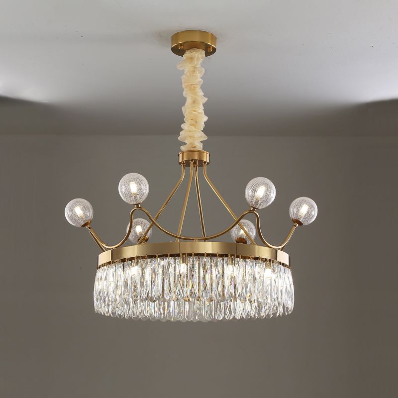 Rectangle-Cut Crystal Crown Chandelier Contemporary 13-Bulb Suspension Pendant Light in Gold