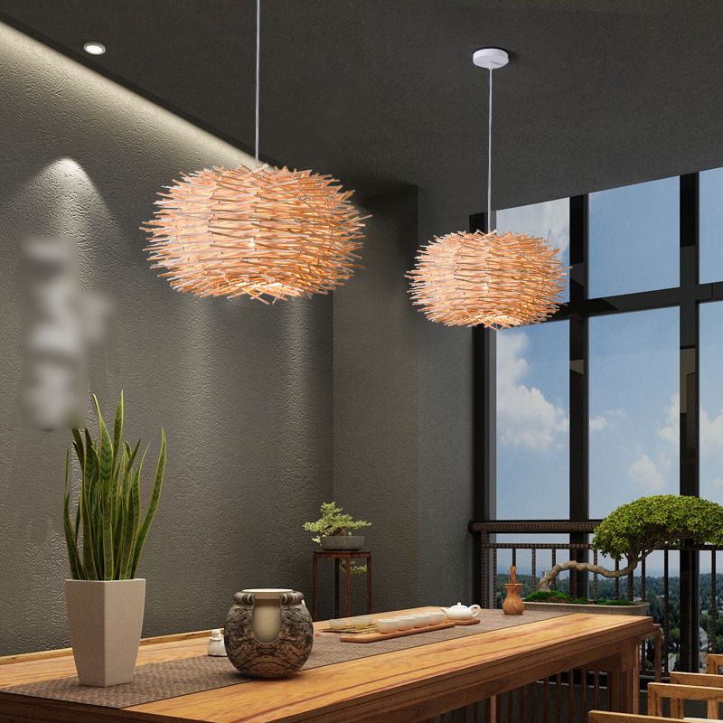 Bird's Nest Hanging Light Kit 1-Light Bamboo Asia Pendant Light for Dining Room