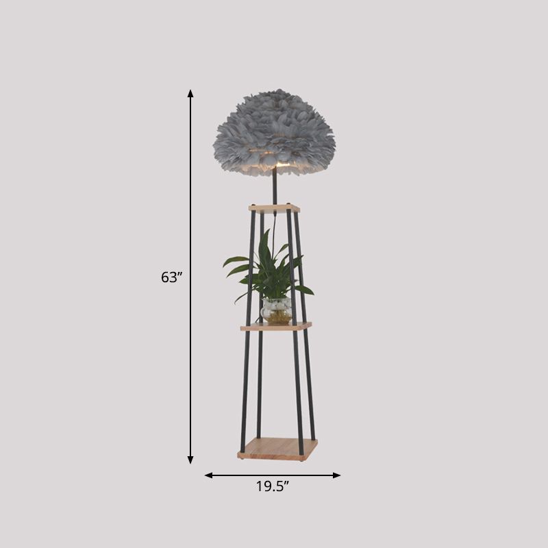 Nordic 2-Tier Shelf Floor Light Wooden Single Living Room Floor Standing Lamp with Dome/Drum Feather Shade in Grey/White