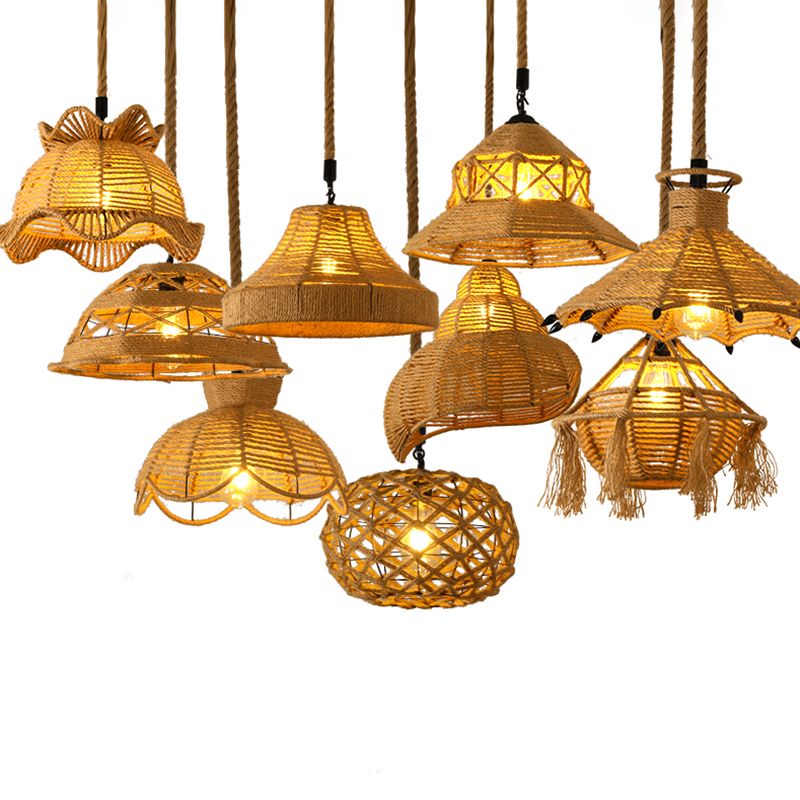 Pendre de corde de chanvre tissé à la main Style de pays 1 tête de salle à manger de la tête Lumière en beige