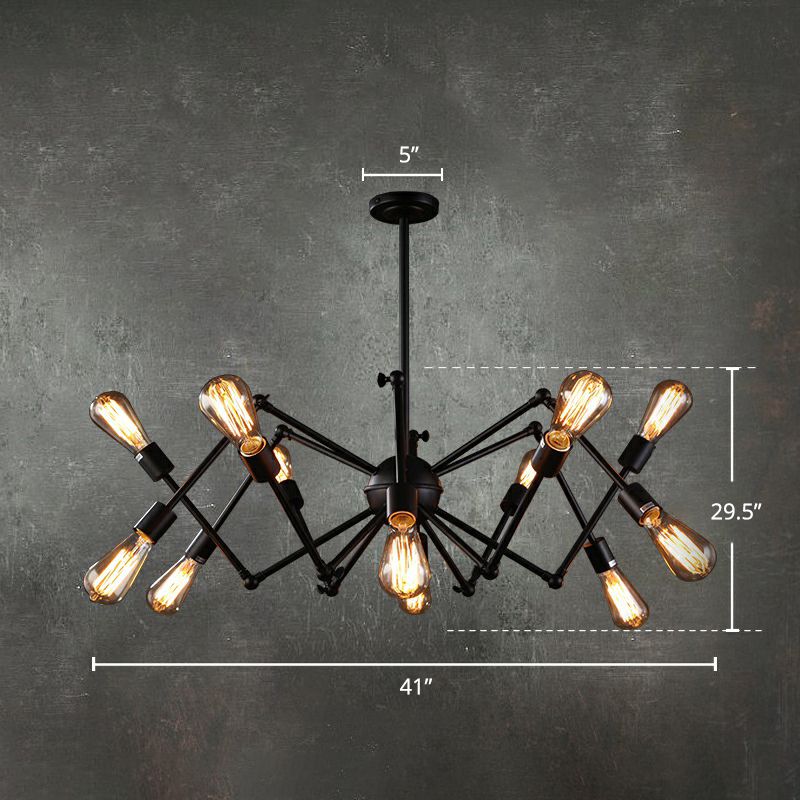 Iron Exposed Bulb Chandelier Lighting Loft Style Restaurant Hanging Lamp with Swing Arm in Black