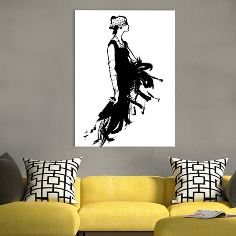 Pencil Drawing Glam Canvas Wall Art with Woman in Black Dress Pattern for Bedroom