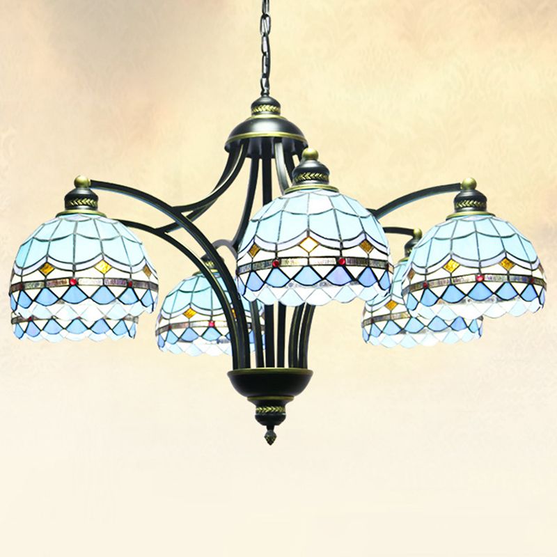 Blue Stained Glass Tiffany Chandelier 6-light 23.5" Wide Living Room Hanging Light with Adjustable Chain