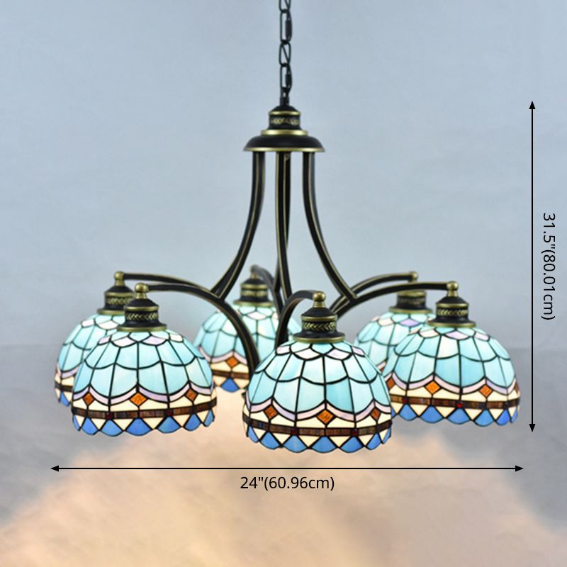 Blue Stained Glass Tiffany Chandelier 6-light 23.5" Wide Living Room Hanging Light with Adjustable Chain