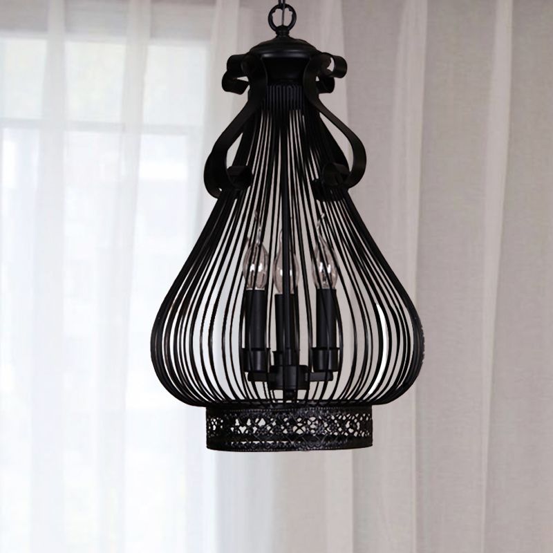 3 Lights Pendant Chandelier Loft Style Gourd-Like Metal Candle Hanging Lamp Kit in Black