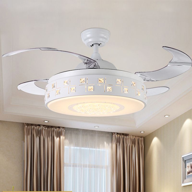 42" Wide Modern Drum Semi Flush Light LED Metal 4 Blades Pendant Fan Lamp in White, Remote/Wall Control/Frequency Conversion and Remote Control