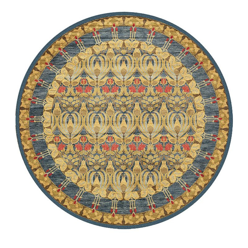 Round Yellow Tone Traditional Indoor Rug Polyester Ethnic Print Rug Non-Slip Backing Indoor Rug for Living Room