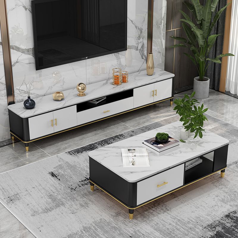 Glam Style Stone TV Stand Enclosed Storage TV Console with Cabinet