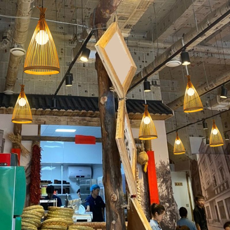 Conical Restaurant Drop Pendant Bamboo 1 Head Minimalist Hanging Ceiling Light with Cage Design