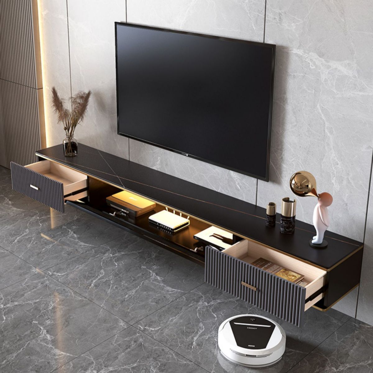 Glam TV Media Stand Wall Mounted TV Media Console with 2 Drawers