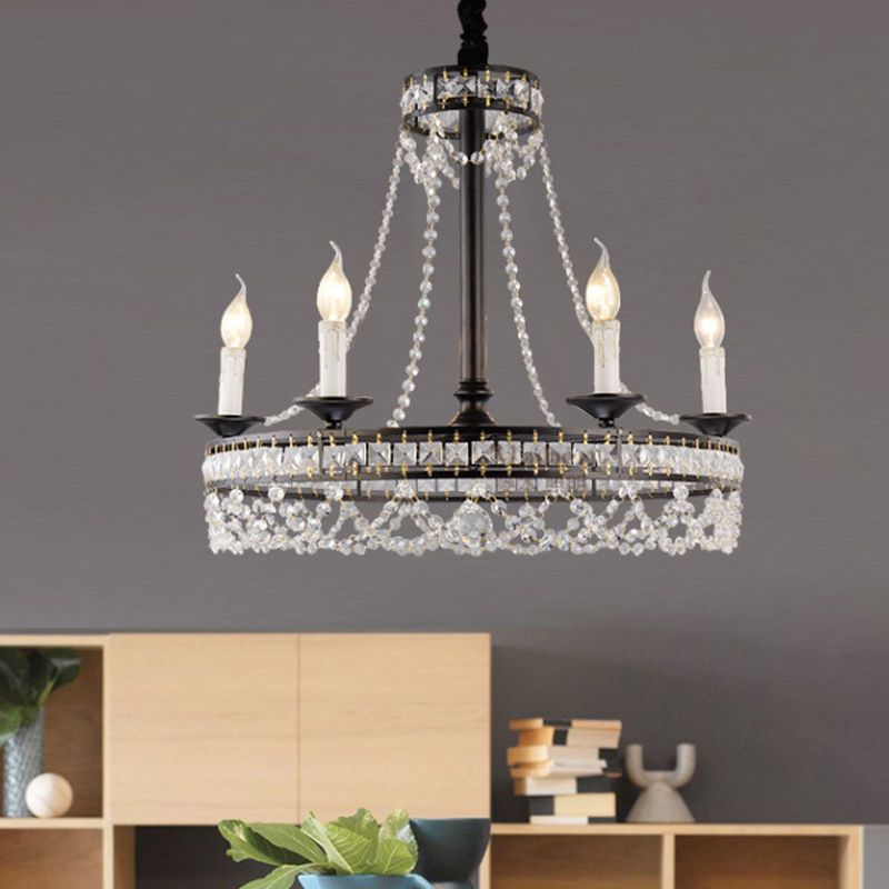 Retro Circular Hanging Chandelier Crystal 4/6/8 Lights Suspension Light in Black