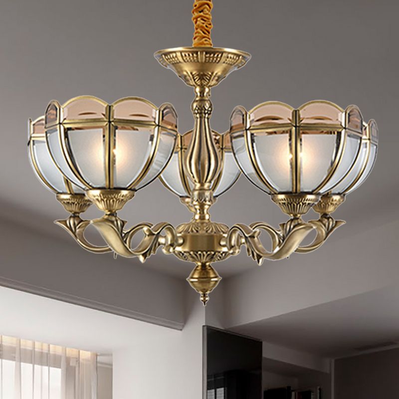 Beige Frosted Glass Gold Chandelier Lighting Dome 5/6 Bulbs Colonialist Hanging Ceiling Light