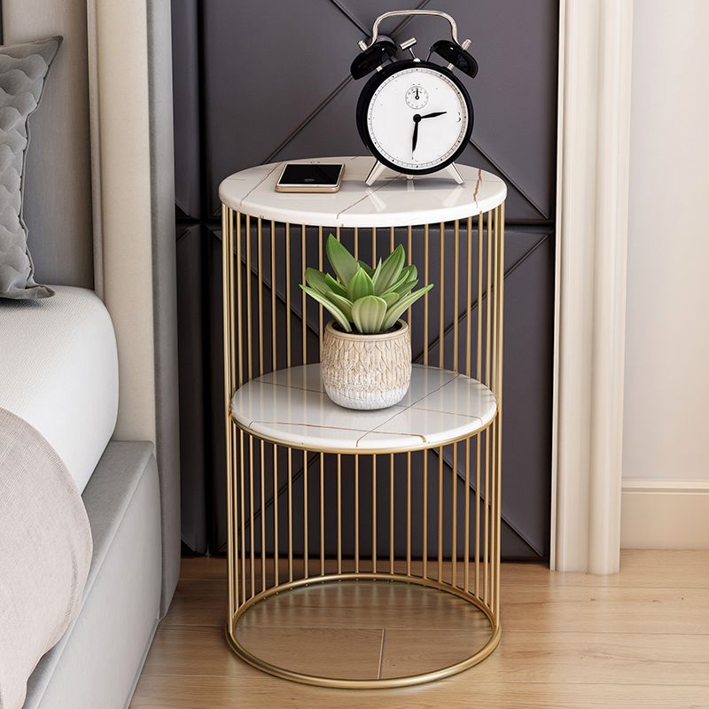 Round Stone Top Nightstand Contemporary Metal Night Table with Shelves