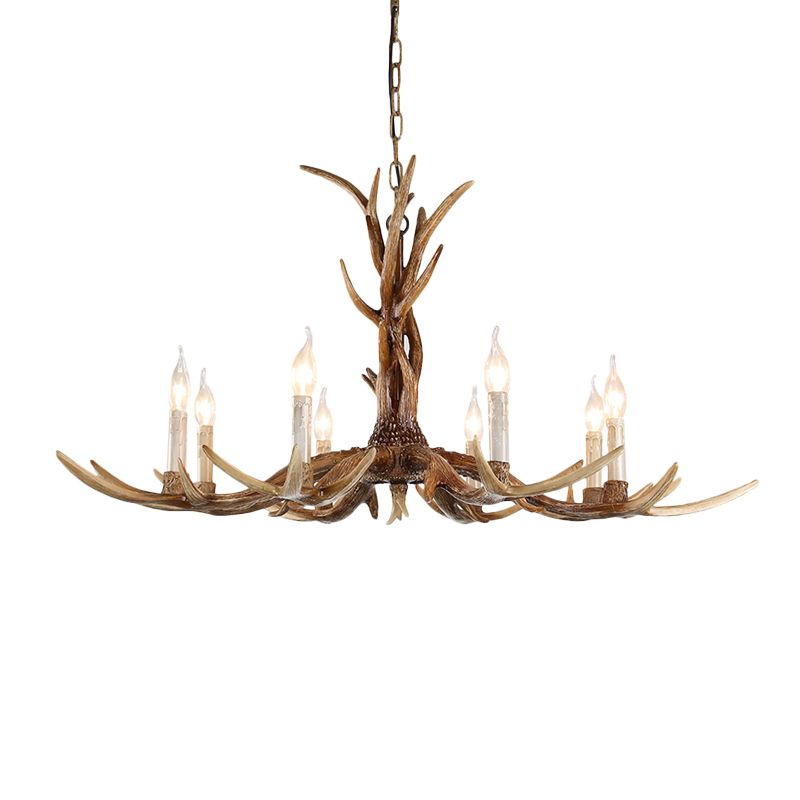 Brown 8-Head Antler Hanging Light Lodge Resin Bare Bulb Design Ceiling Chandelier