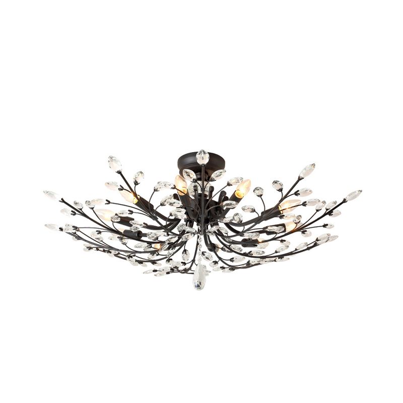 Branch Beveled Crystal Semi Flush Minimalism 10 Heads Living Room Flush Mount in Black