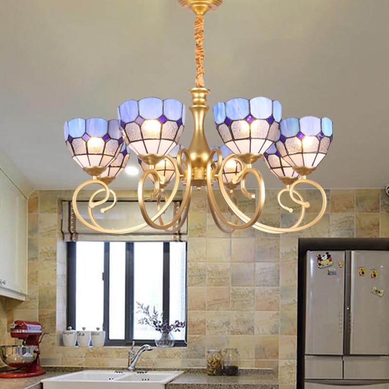 Bowl Chandelier Lighting Baroque Stained Art Glass 8 Lights Gold Down Lighting Pendant