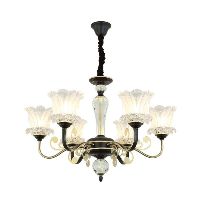 Flower Clear Glass Suspension Pendant Light Contemporary 6/8/10 Heads Black Hanging Chandelier