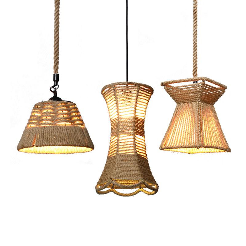 Hemp Rope Caged Hanging Light Rustic 1 Bulb Restaurant Pendant Light Fixture in Brown