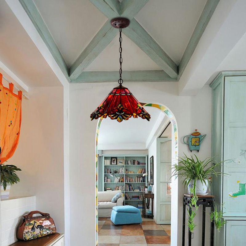 Tiffany-Style Conical Hanging Ceiling Light Stained Glass Suspended Lighting Fixture