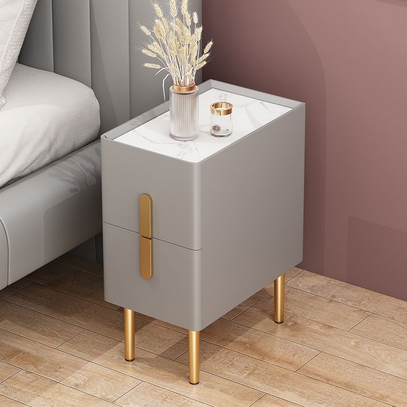 Glam Stone Rectangular Top Night Table 4 Legs Nightstand with 2 Drawers