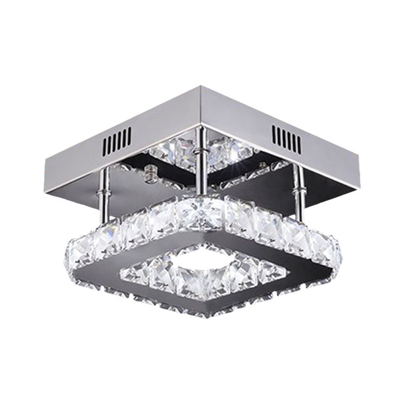 LED Square Ceiling Lamp Modern Gold/Stainless-Steel Clear Faceted Crystal Blocks Semi Flush Mount in White/Warm Light