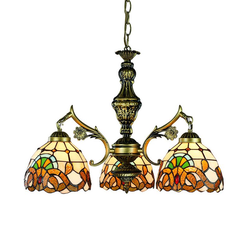 Stained Glass Domed Pendant Lamp Baroque Style 3 Lights Hanging Light in Antique Brass