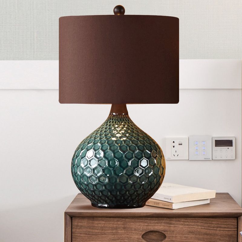 11"/14" Width Coffee 1 Light Desk Light Antiqued Style Fabric Drum Shade Nightstand Lamp