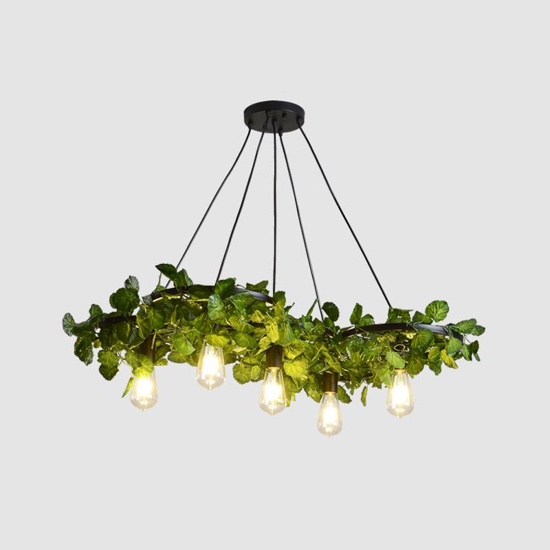 Green Chandelier Light Antique Iron Wagon Wheel Ceiling Lighting with Plant Decor for Restaurant