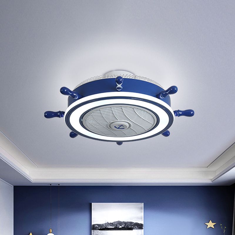 Rudder Metal Hanging Fan Lamp Kids LED Blue Semi Flush Mount Light Fixture, 25.5" Width