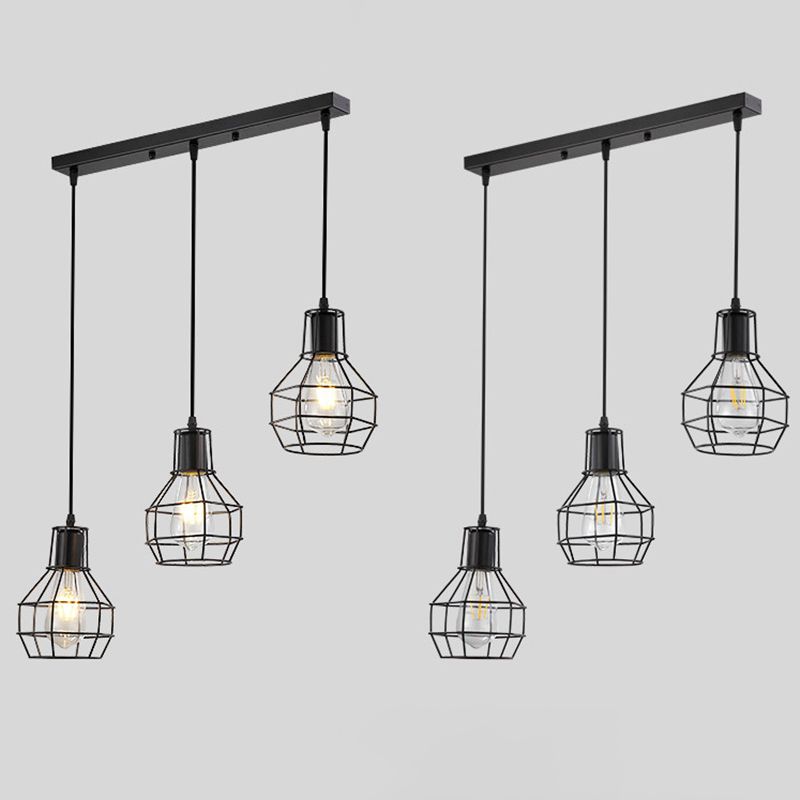 Cage Shade Pendant Lamp Industrial Black Finish Iron Hanging Light for Dining Room