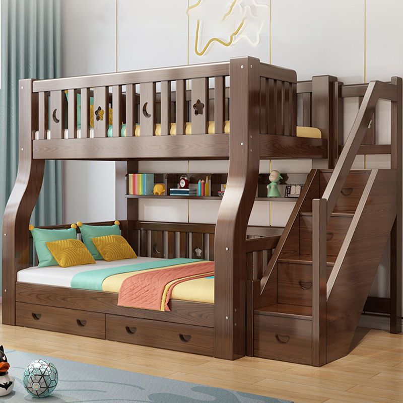 Traditional Brown Bunk Bed with Drawers and Shelves in Solid Wood