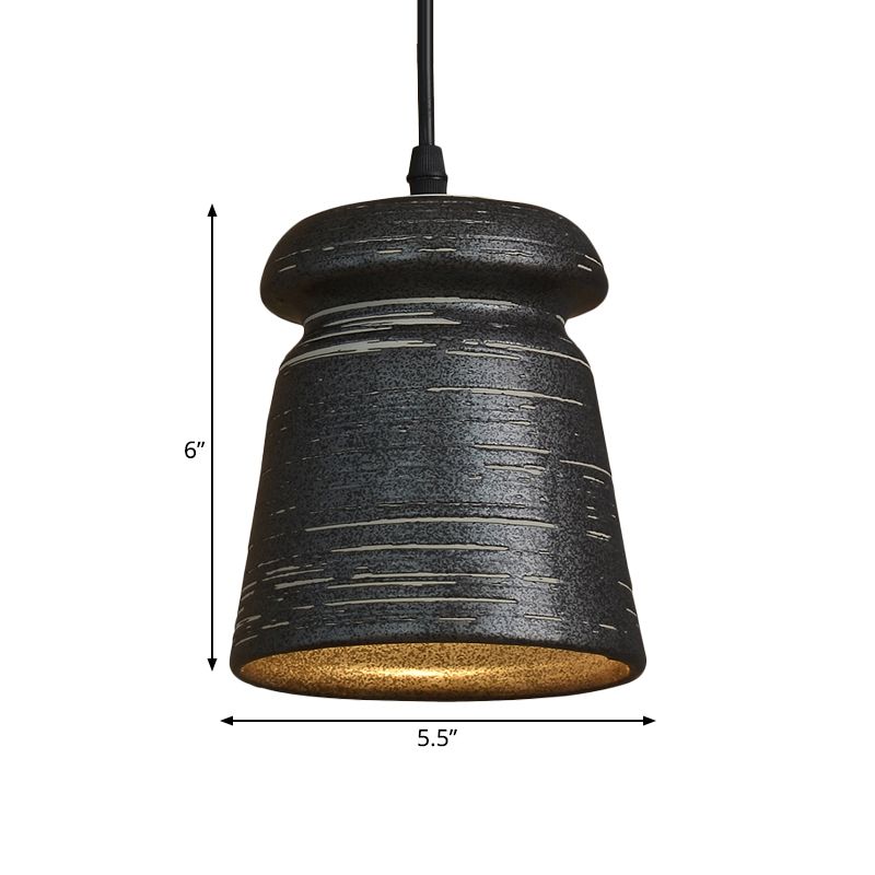 1-Head Cylinder/Urn Hanging Pendant Industrial Style Black Ceramic Suspension Light for Restaurant