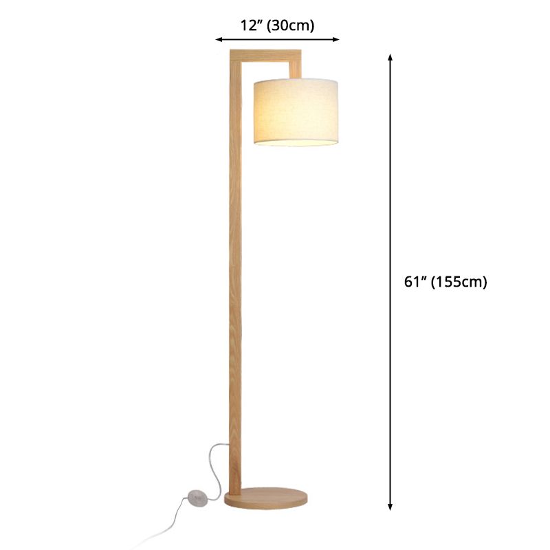 Holz rechter Winkel Arm Stehlampe Asian Einkopf Beige Bodenstehende Lampe mit Trommelstoffschatten