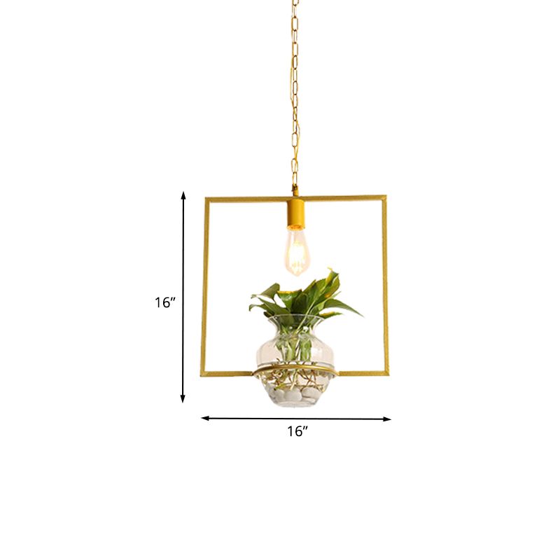 Vintage Square/Round/Gourd Pendant 1 Bulb Iron Down Lighting in Gold with Potted Plant for Living Room