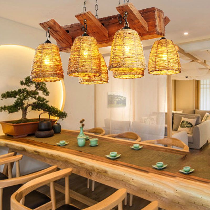 Rattan Wood Pendant Chandelier Bell Shade Industrial Hanging Light Fixture for Dining Room