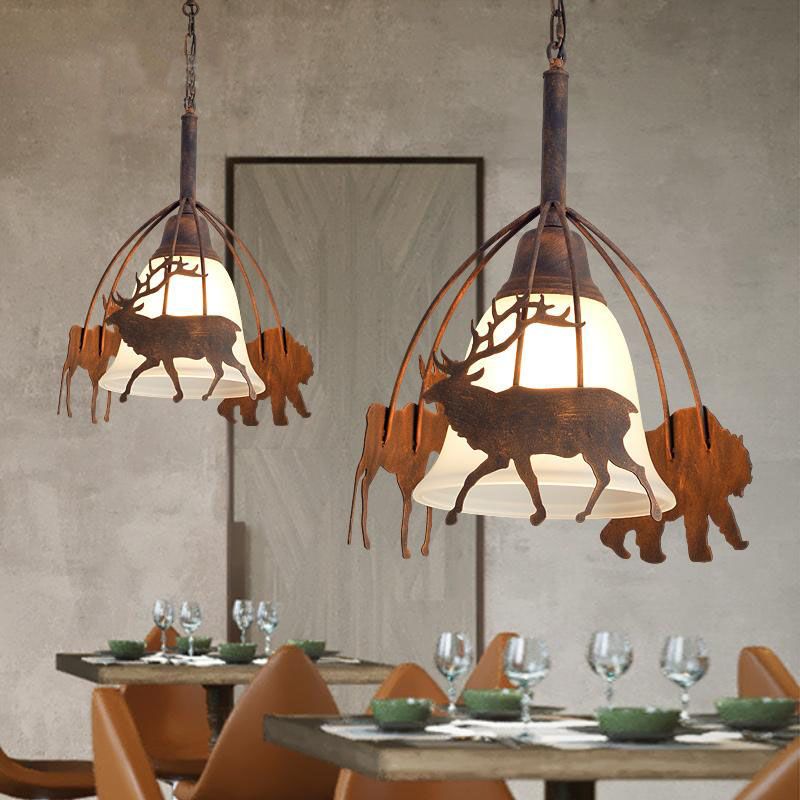 Rost 1 hungehörige leichte Landschaft gefrostete Glasglocke Hanging Lampe für Restaurant mit Hirsch