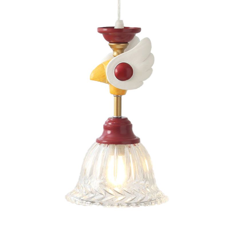 Bell Clear Glass Drop Lamp Cartoon 1-Head Red Down Lighting Pendant with Globe/Bird Design for Bedroom