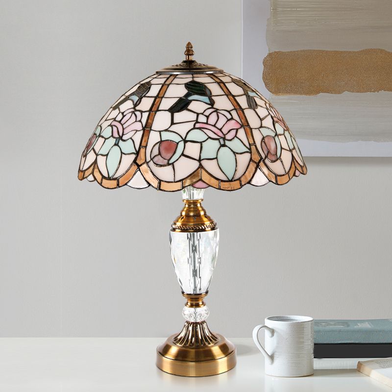 Domed Table Light 1 Head Stained Glass Tiffany Nightstand Lamp with Rose Pattern in White