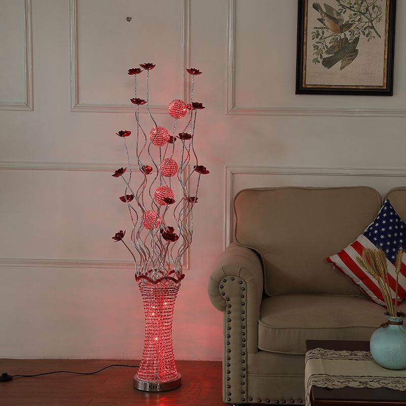 LED Vine Standing Floor Light Decorative Pleated Vase Aluminum Floor Reading Lamp in Red