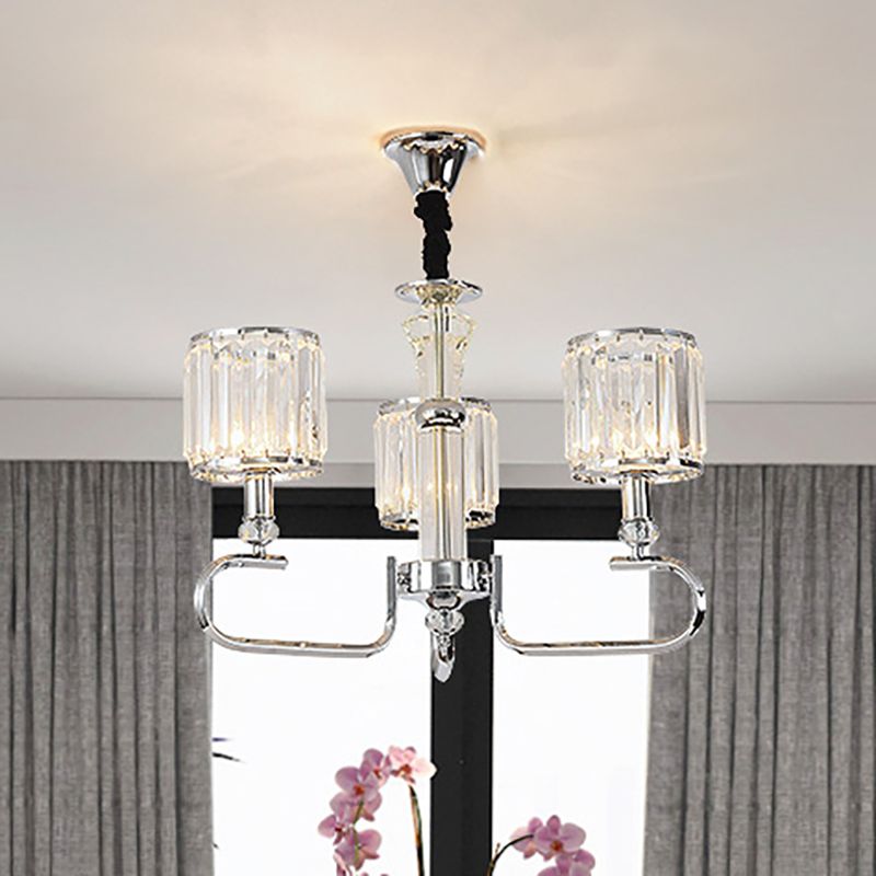 Crystal Rectangle Cylinder Hanging Ceiling Light Contemporary 3/6 Lights Chrome Chandelier Light