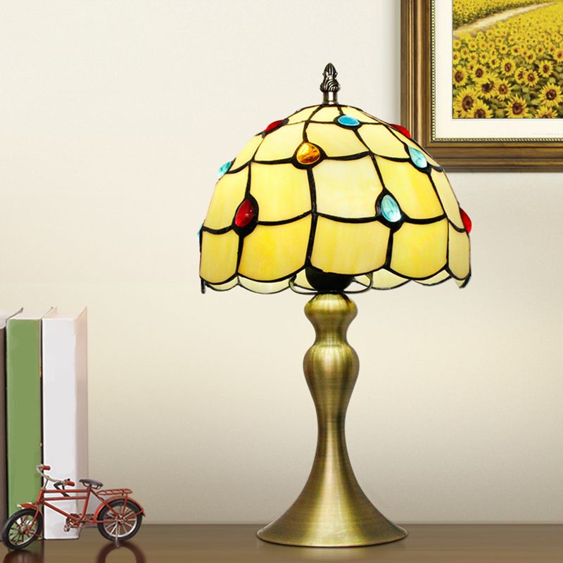 Scalloped Night Light Single Bulb Hand Cut Glass Classic Table Lamp with Jewel Deco in Brass