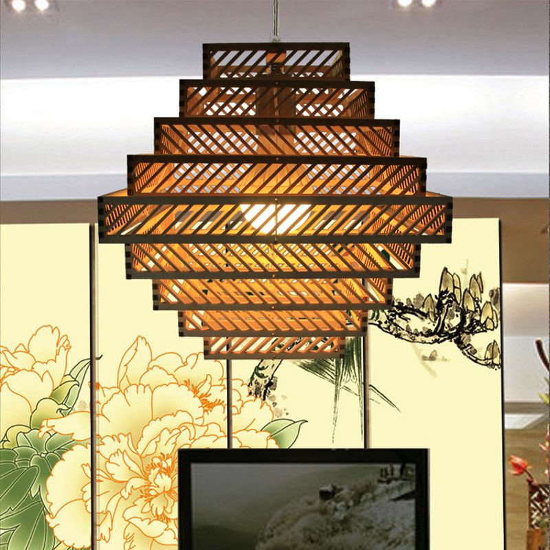 Wood Lantern Suspension Lighting Traditional 1 Bulb Hanging Ceiling Light in Yellow