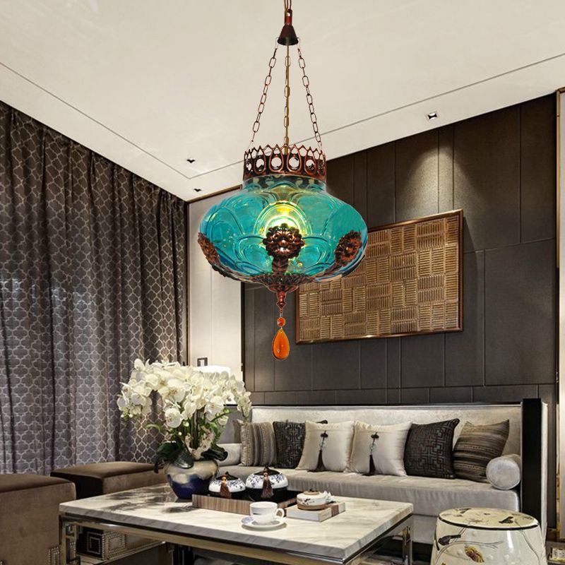 1 Light Pendant Light Fixture Moroccan Oval Blue Texture Glass Suspension Lamp for Dining Room