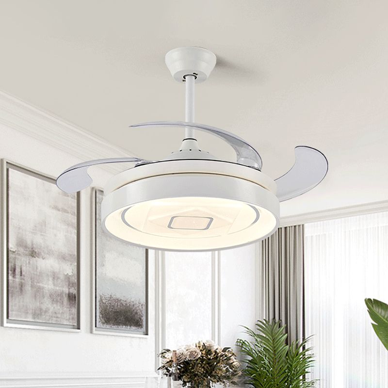 Circular Metal Semi-Flush Mount Modern LED 42" W Living Room 4 Blades Hanging Fan Light in White, Remote/Wall Control/Frequency Conversion and Remote Control