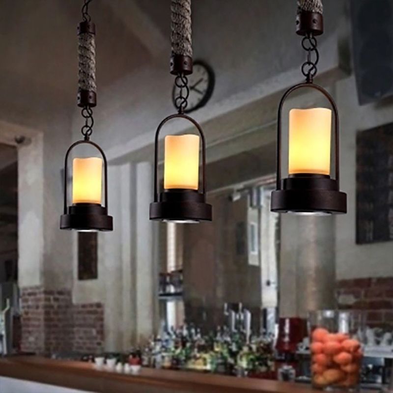 Rust Arched Frame Pendant Lighting Retro Metallic Single Kitchen Bar Down Lighting with Candle and Rope Accent