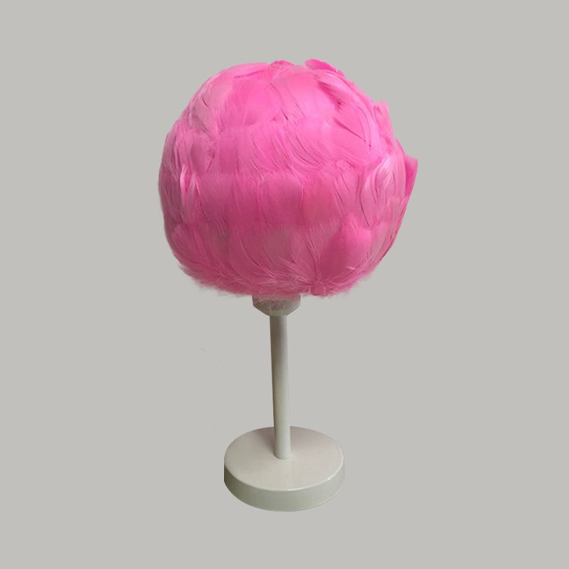 Handmade Sphere Feather Table Light Nordic Style 1-Light White/Pink/Rose Red Nightstand Lamp with Plug-in Cord