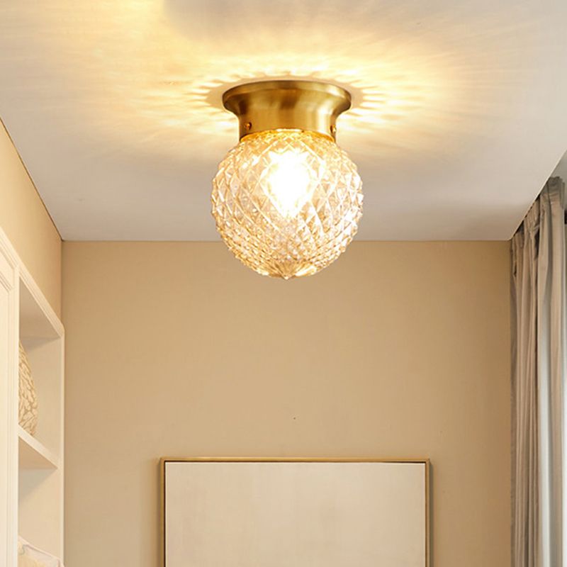 Brass Ball Flush Mount Light Country Clear Lattice Glass Single Corridor Semi Flush Ceiling Light