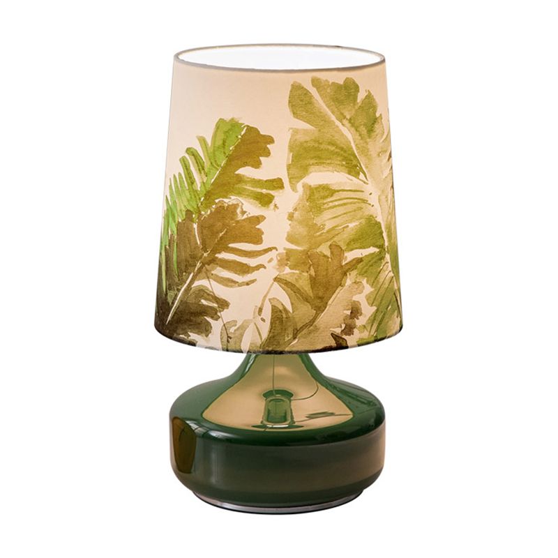 Nordic Barrel Night Lamp Fabric Single Head Bedroom Table Light with Leaves Pattern in Green